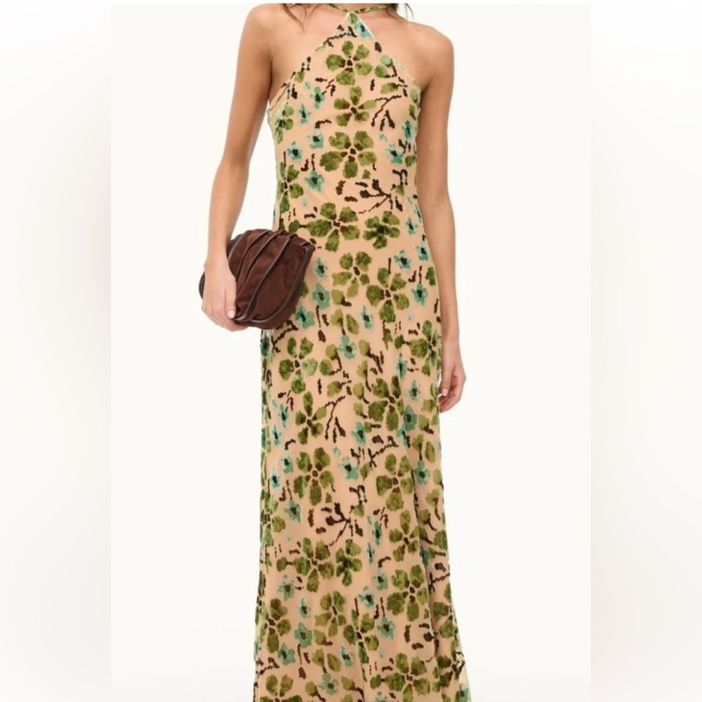 STAUD Cubism Halter Green and Brown Velvet Dress
